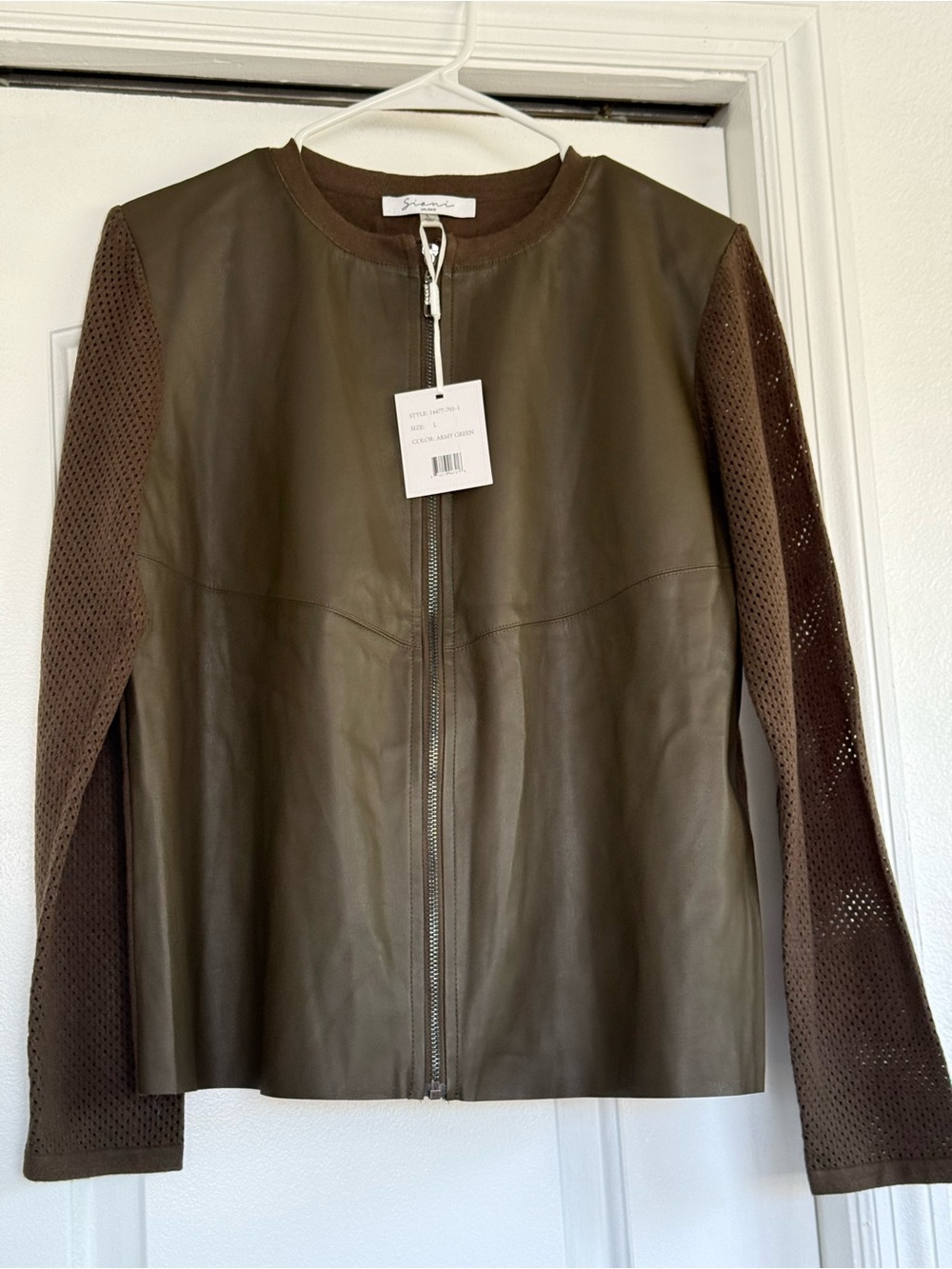 Sioni Olive Leather Zip-Front Blazer with Brown Perforated Sleeves